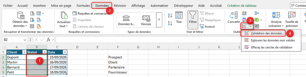 Validation de données dans Excel depuis l’onglet Données