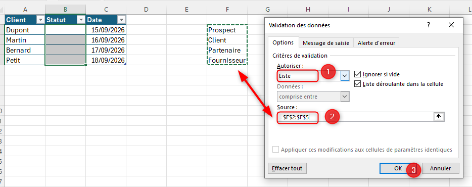 Créer une liste avec la validation de données dans Excel