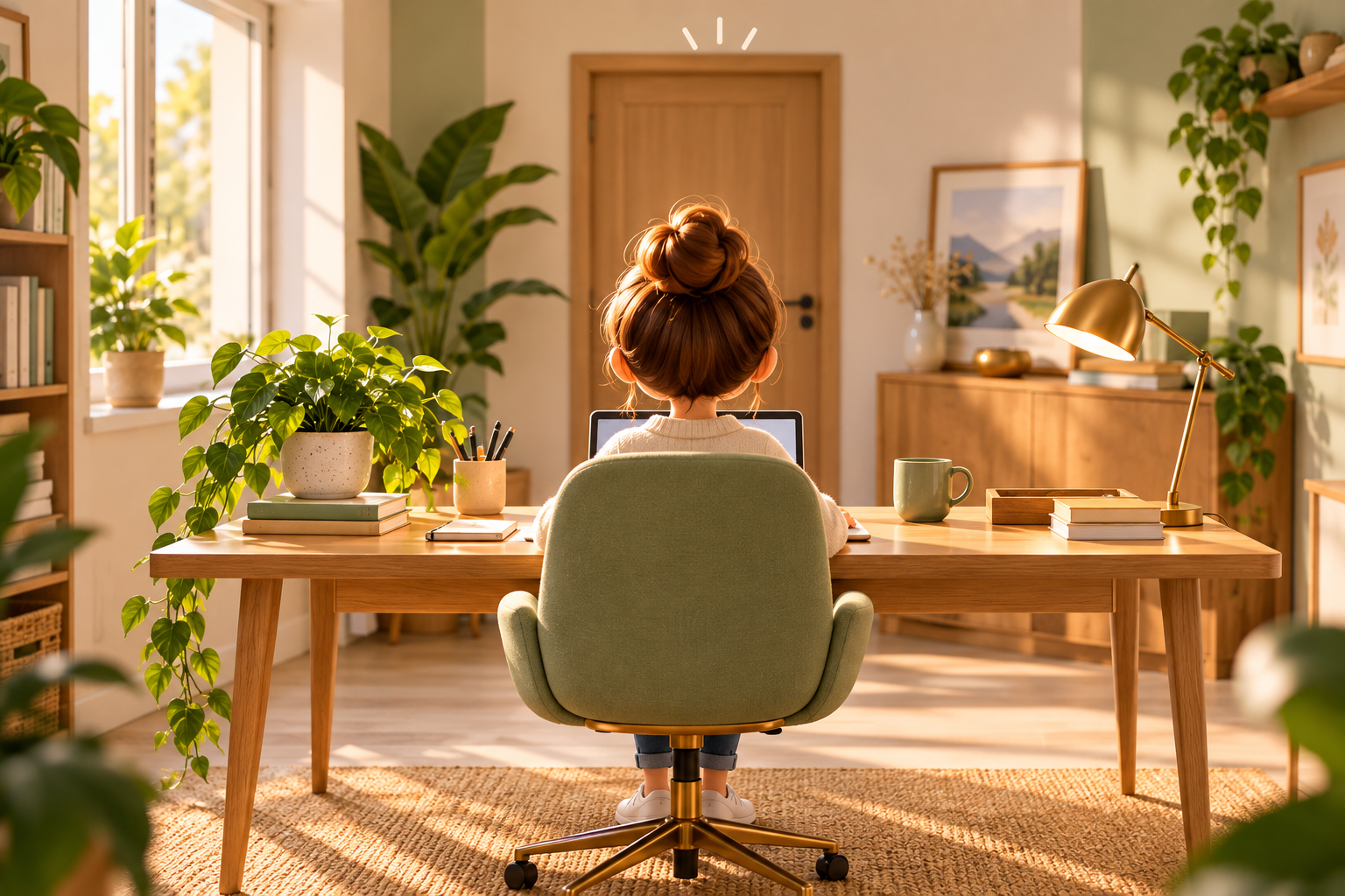 Feng Shui au bureau illustré dans un espace de travail harmonieux avec plantes vertes et mobilier en bois