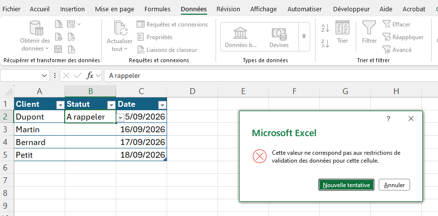 Alerte d’erreur de validation de données dans Excel
