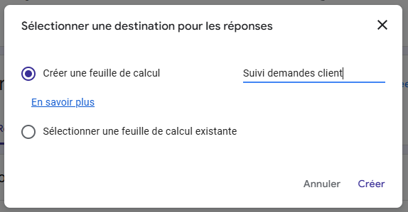Créer une feuille Google Sheets liée aux réponses Google Forms.