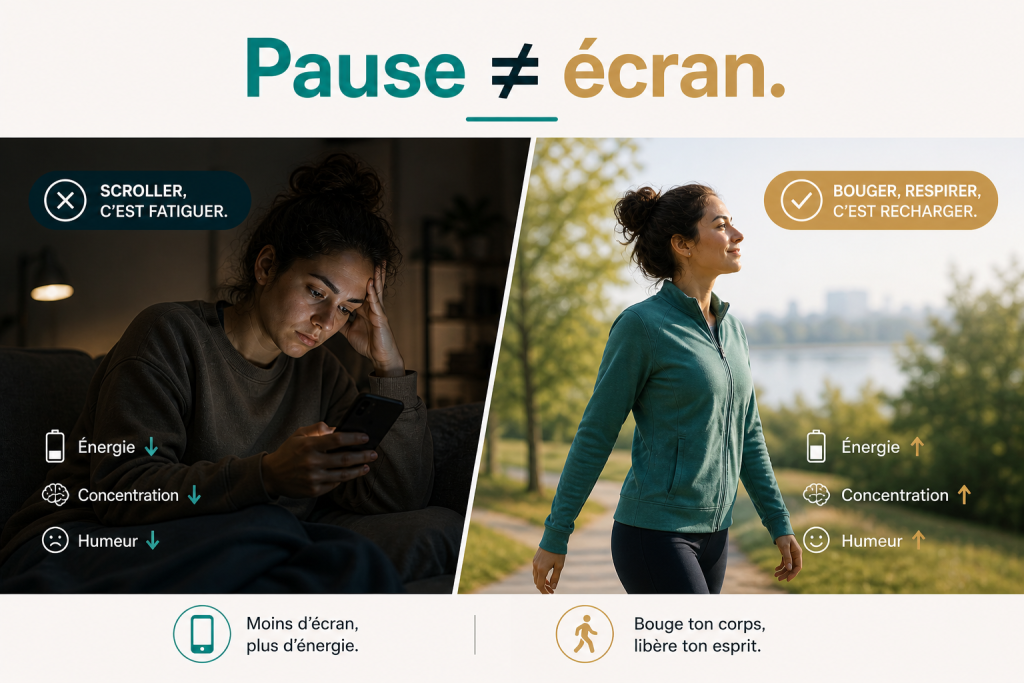 vraie pause vs fausse pause écran fatigue récupération énergie