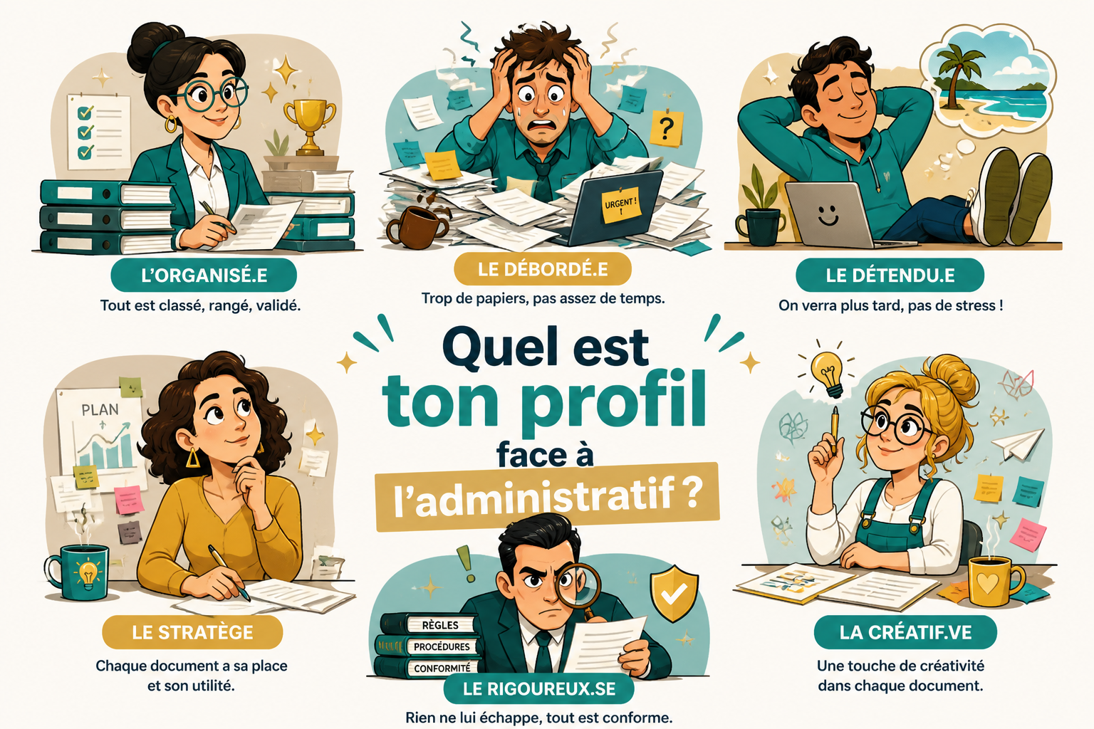 Quiz administratif puissant : 6 profils révélateurs de personnages cultes face à la paperasse