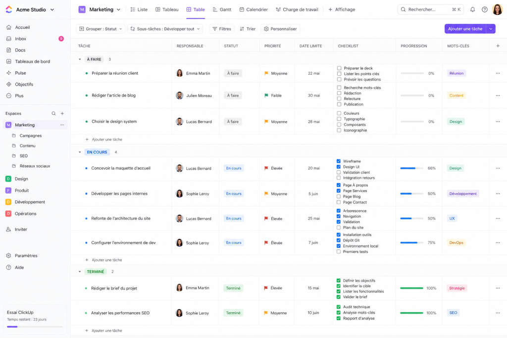 Checklist automatisée sur ClickUp.