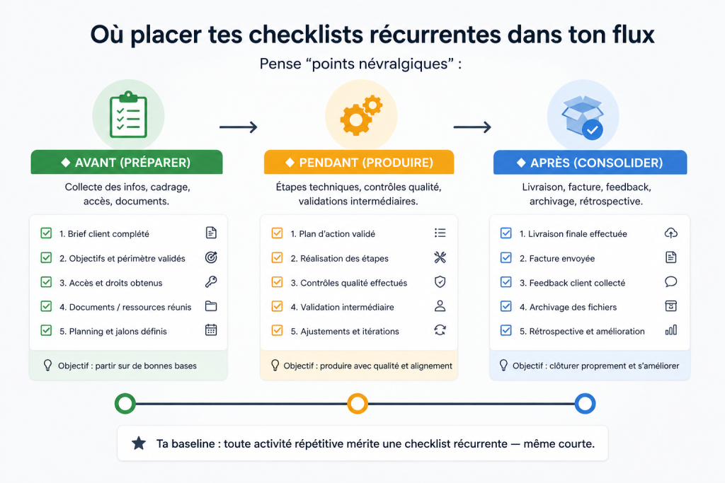 Où placer tes checklists récurrentes dans ton flux