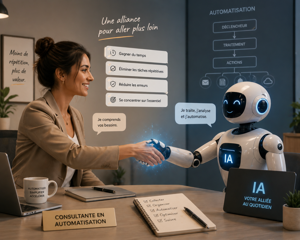 Consultante en automatisation à la rencontre de l'IA représenté par un robot