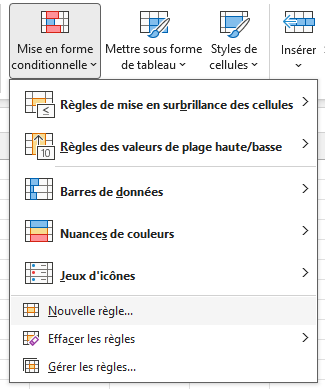 menu d'accueil de la mise en forme conditionnelle