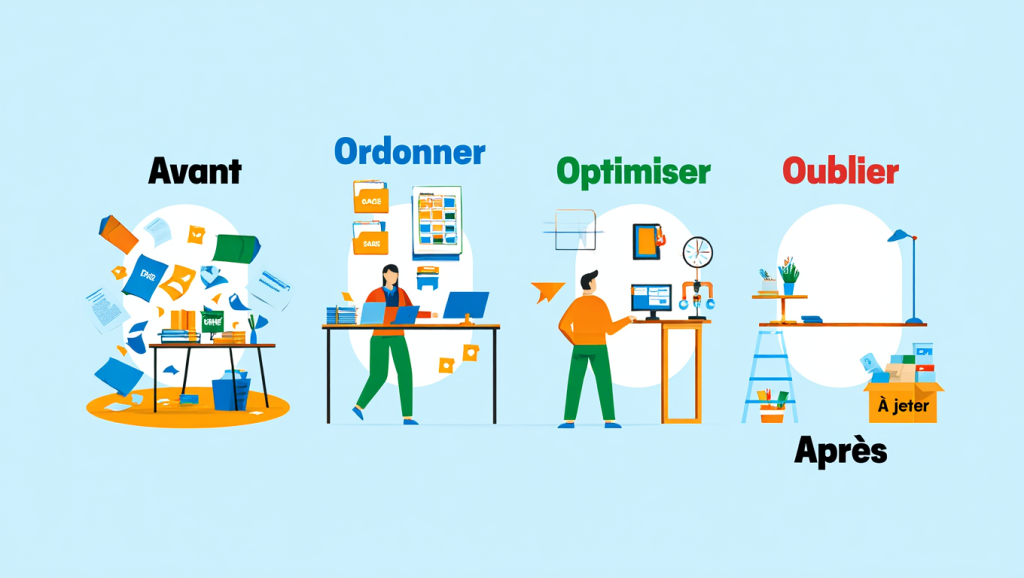Bureau structuré avec outils d’organisation visibles, symbolisant la mise en place de systèmes pour réduire le stress au travail