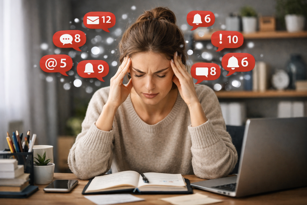 Femme assise à un bureau parfaitement organisé, visiblement fatiguée, entourée de notifications flottantes symbolisant la surcharge mentale et les interruptions constantes au travail.
