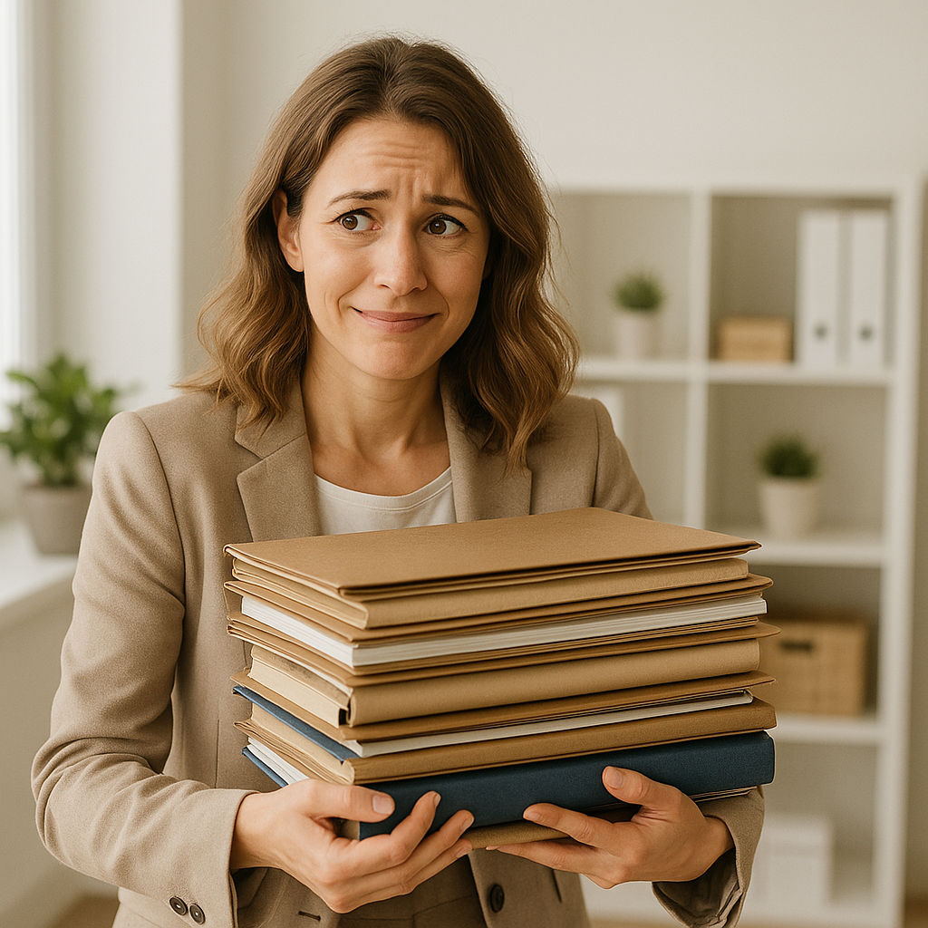 Personne portant une pile de dossiers trop lourde, métaphore visuelle du travail qui repose sur une seule personne