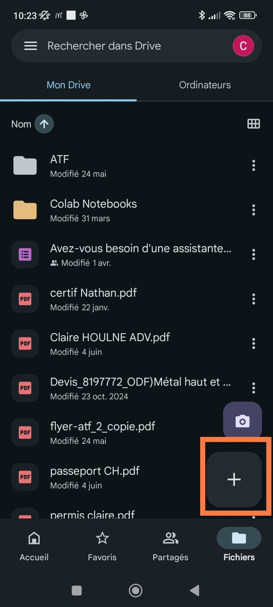 Google Drive : appuyer sur le bouton plus pour ajouter un document
