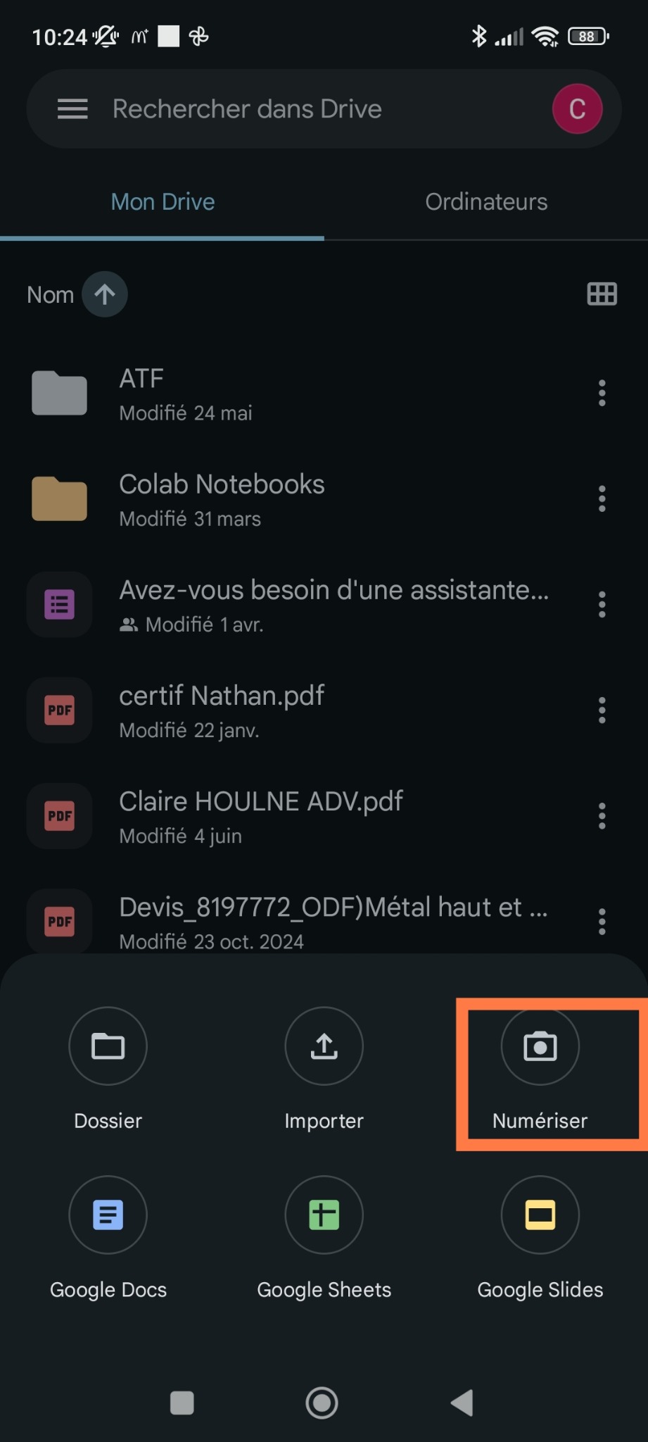 Google Drive : sélectionner la fonction Numériser
