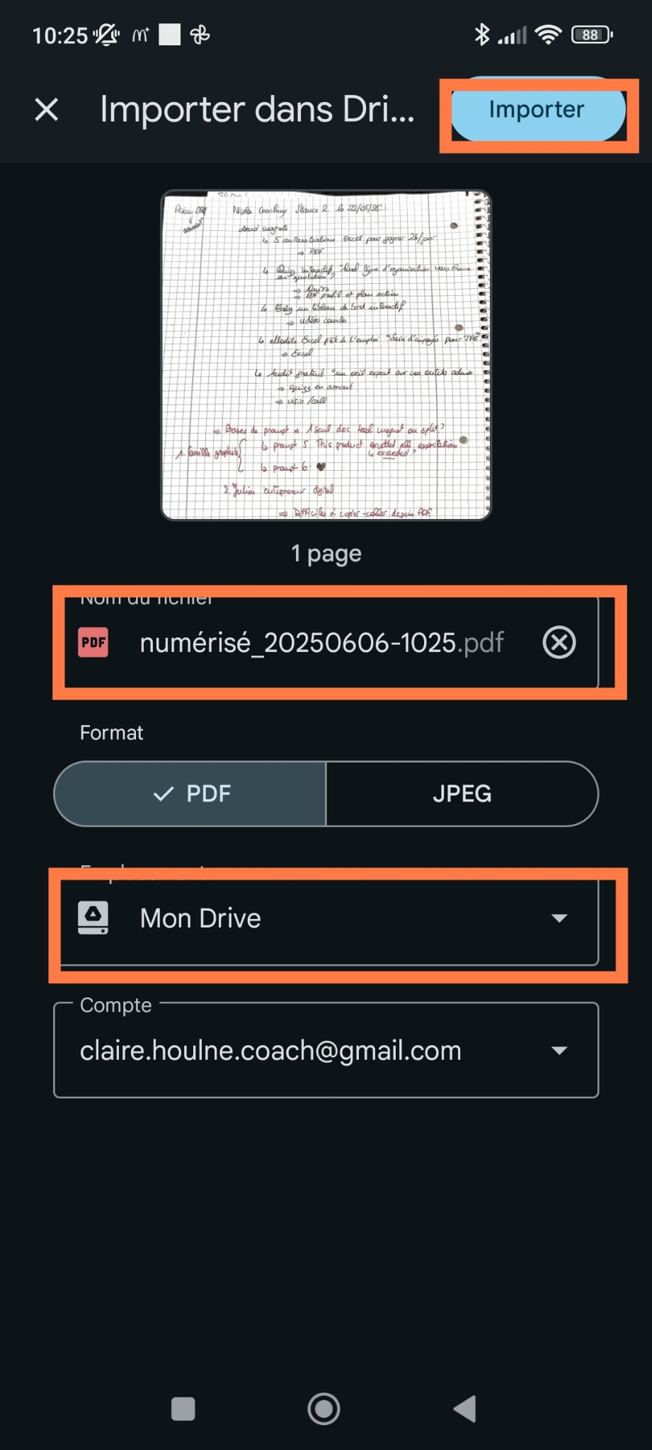 Google Drive : nommer le PDF et sélectionner le dossier de destination