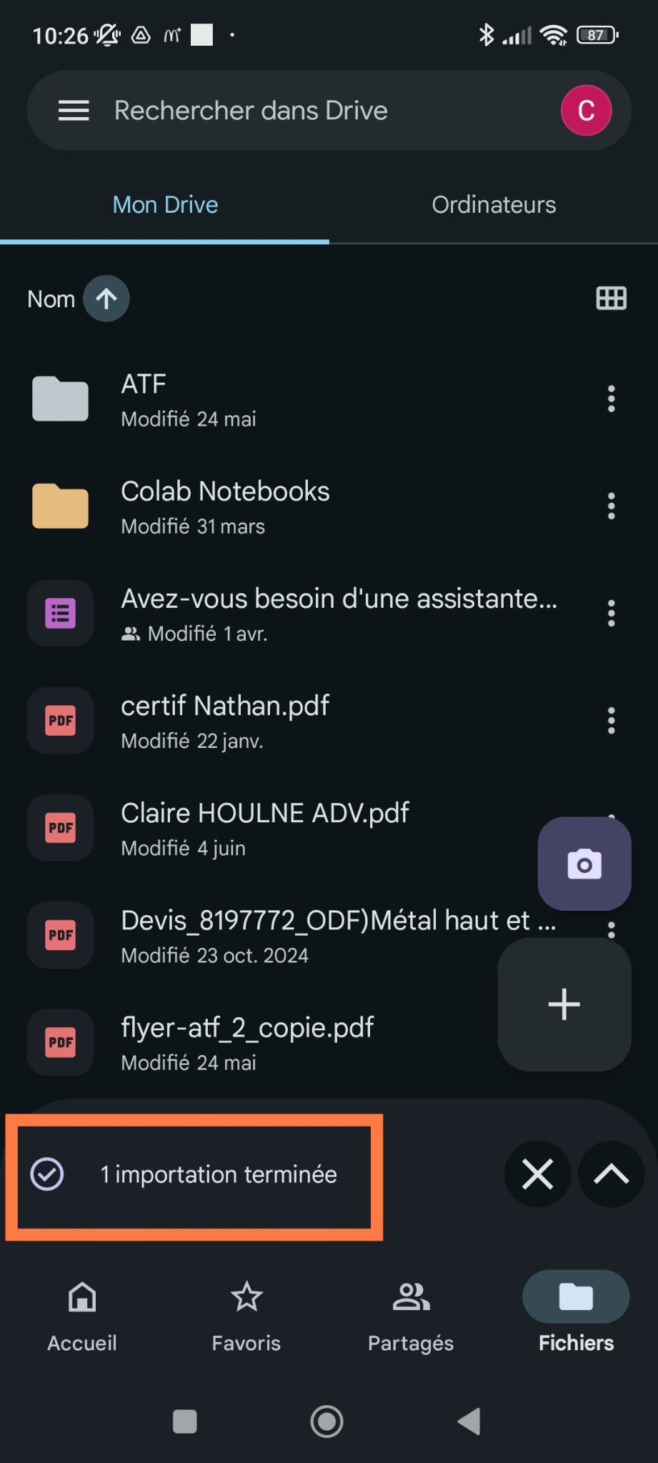 Google Drive : confirmation de l'importation du document numérisé